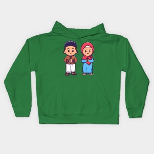 Cute Girl And Boy Moslem Celebrating Ied Mubarak Cartoon Kids Hoodie